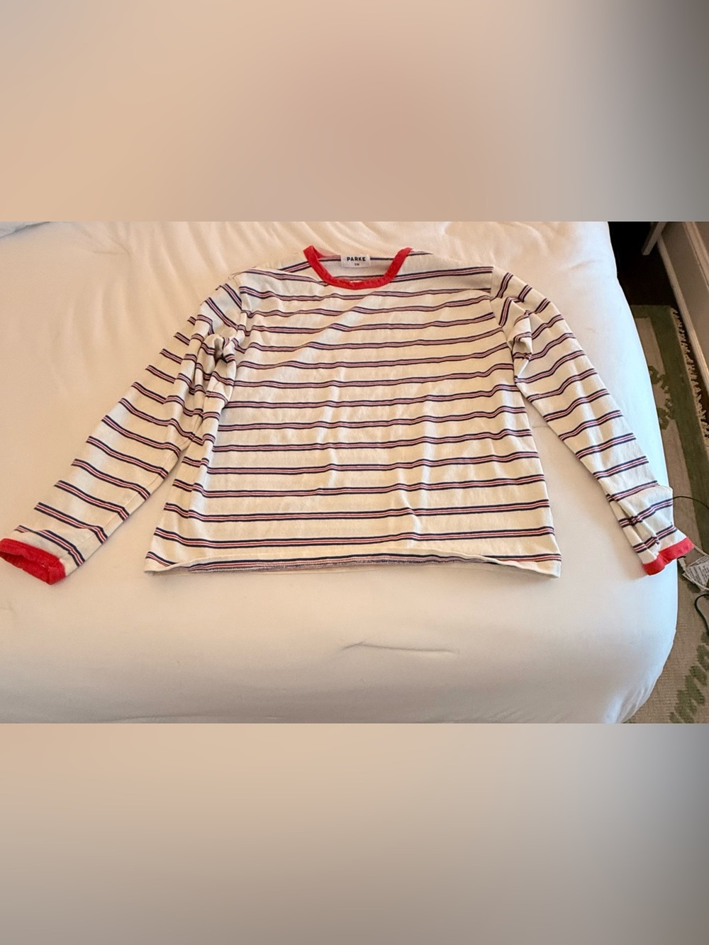 Parke White Long-Sleeve Tee with Navy Stripes and Red Trim